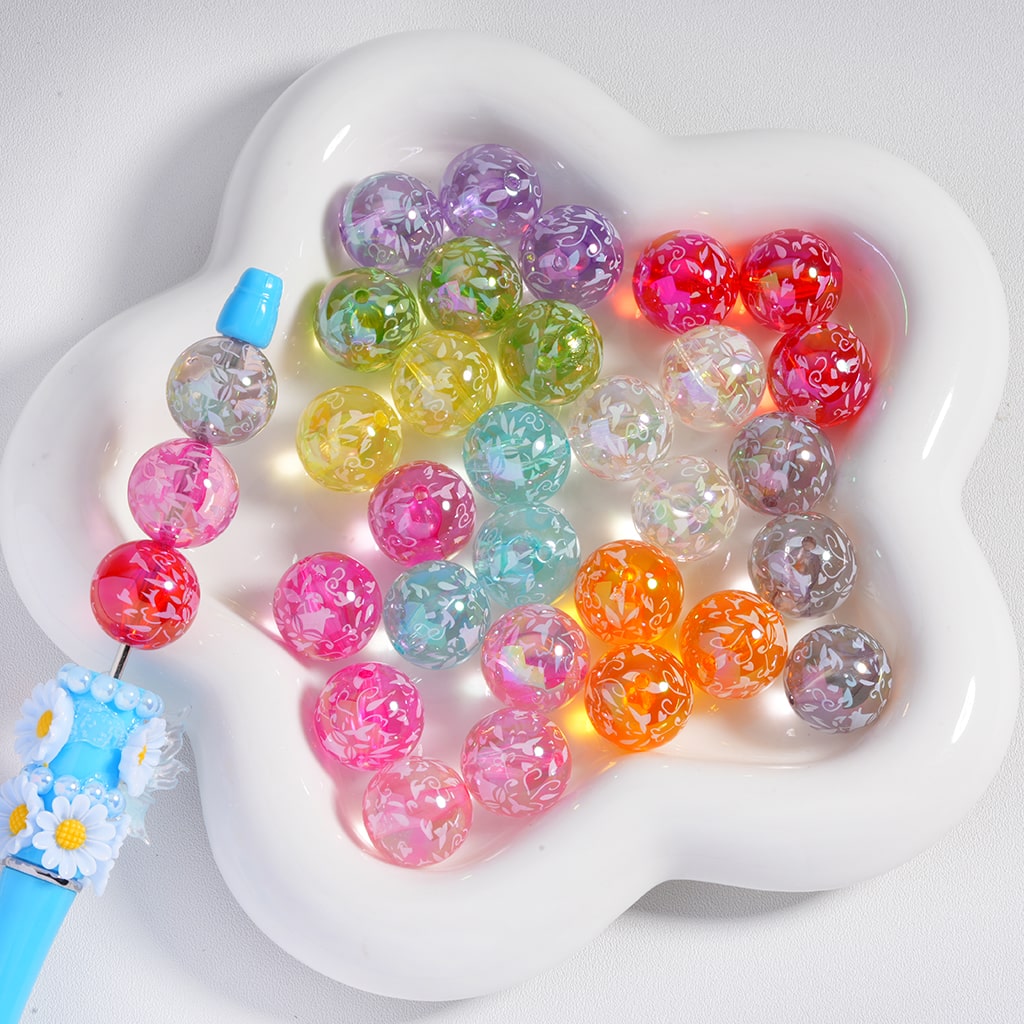 Acrylic Beads UV Coating White Abstactive Art Prints Multi-Color Translucent 16MM ( Single Color is available for 200pcs(whole bag)Only)