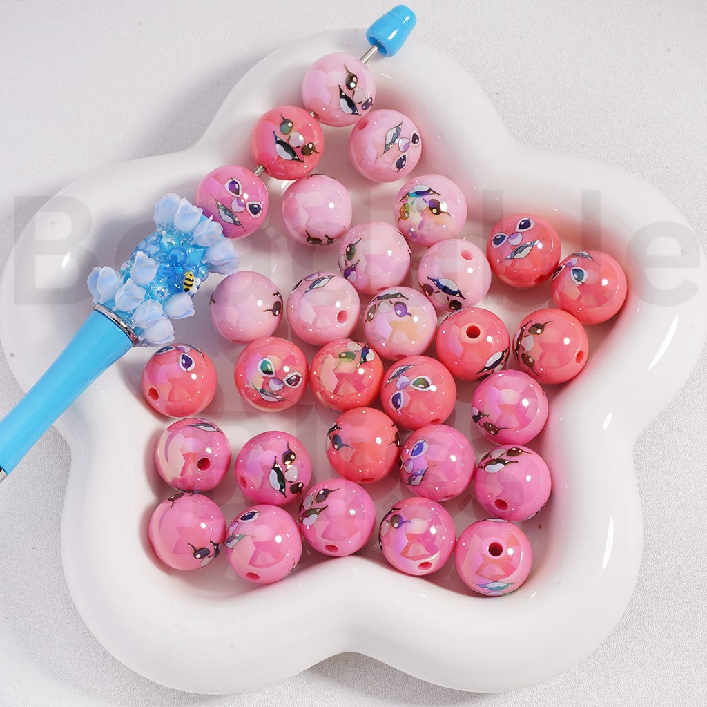 Acrylic Beads UV Coating Cute Stitc Face Prints Pink Series 16MM (Single Color is available for 200pcs(Whole Bag) Only)