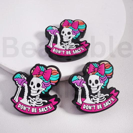 Don't be Salty A Human Skeleton face with Pink Bowknot Silicone Focal Beads