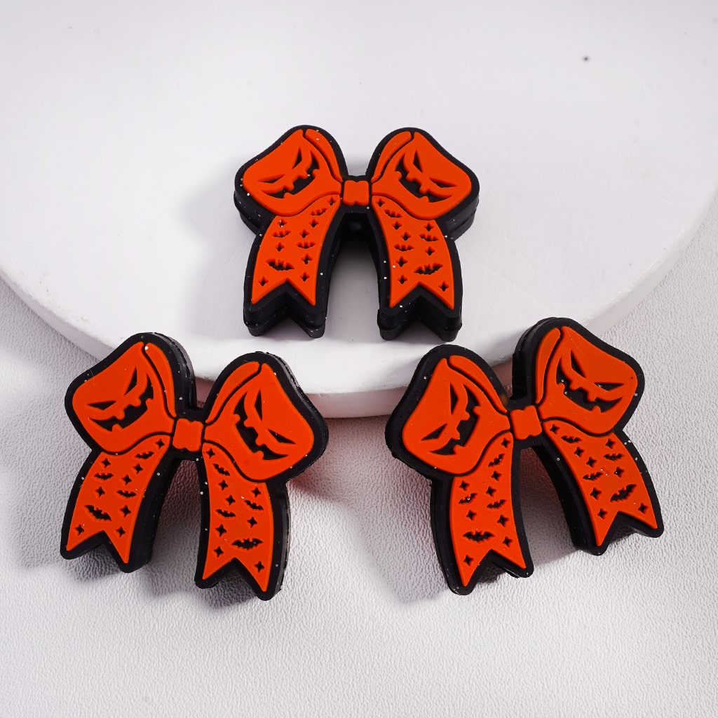 Silicone Focal Beads Halloween Orange Bowknot with Ghost Face Bat Star