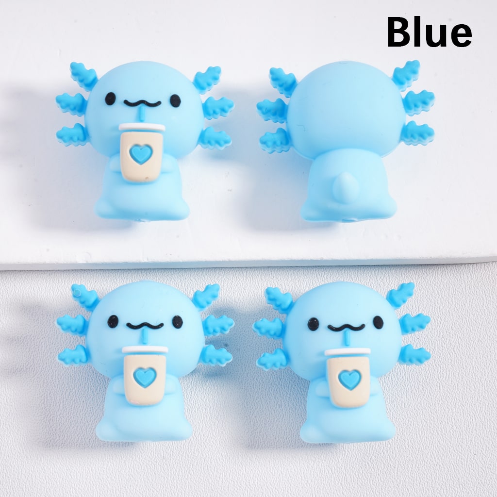 Four blue cartoon character earrings with a cup design on a white background.