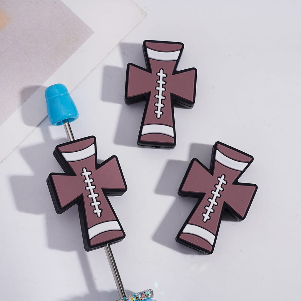 Silicone Focal Beads Jesus Cross with Soccer Football & Baseball & Volleyball Texture