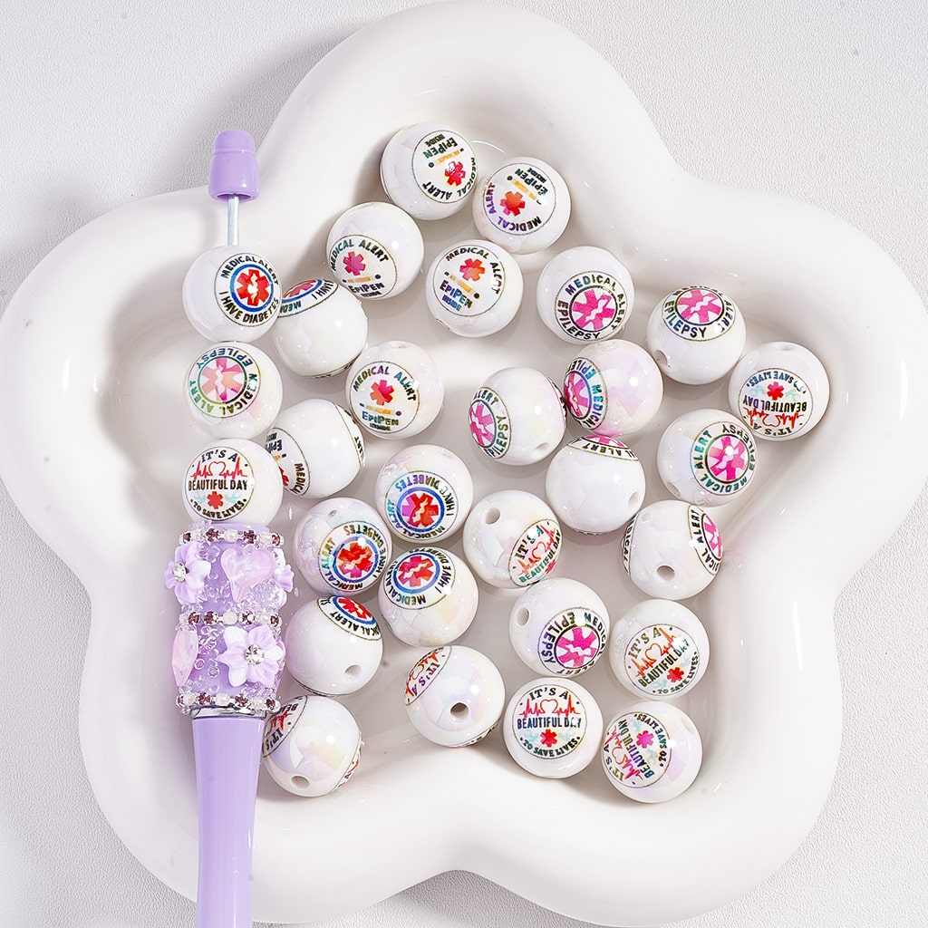 Acrylic Beads UV Coating Medical Alert Series Epipen I Have Diabetes Epilepsy It's A Beautiful Day to Save Lives 16MM