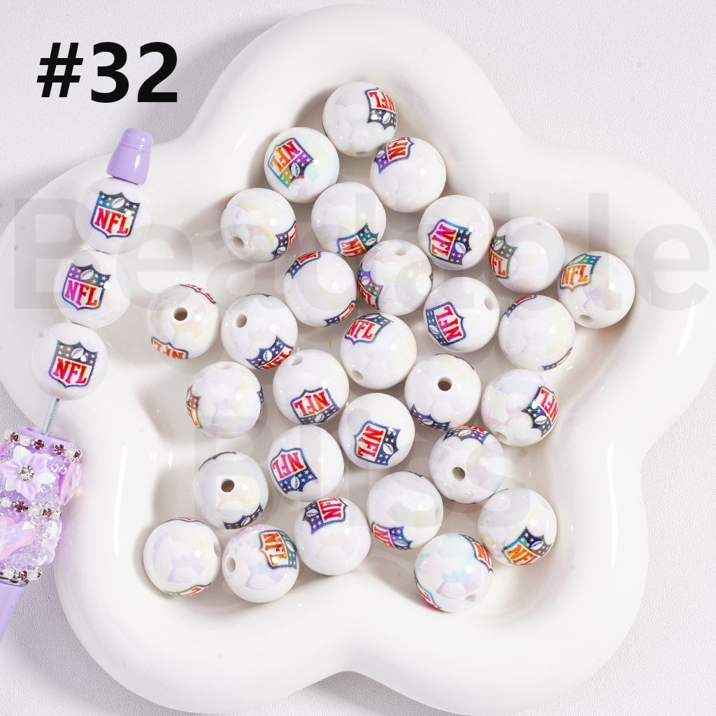 UV Coating USA American Football Teams NF Round Acrylic Beads, 16MM, Random Mix Teams and Single Team are Both Available to Choose