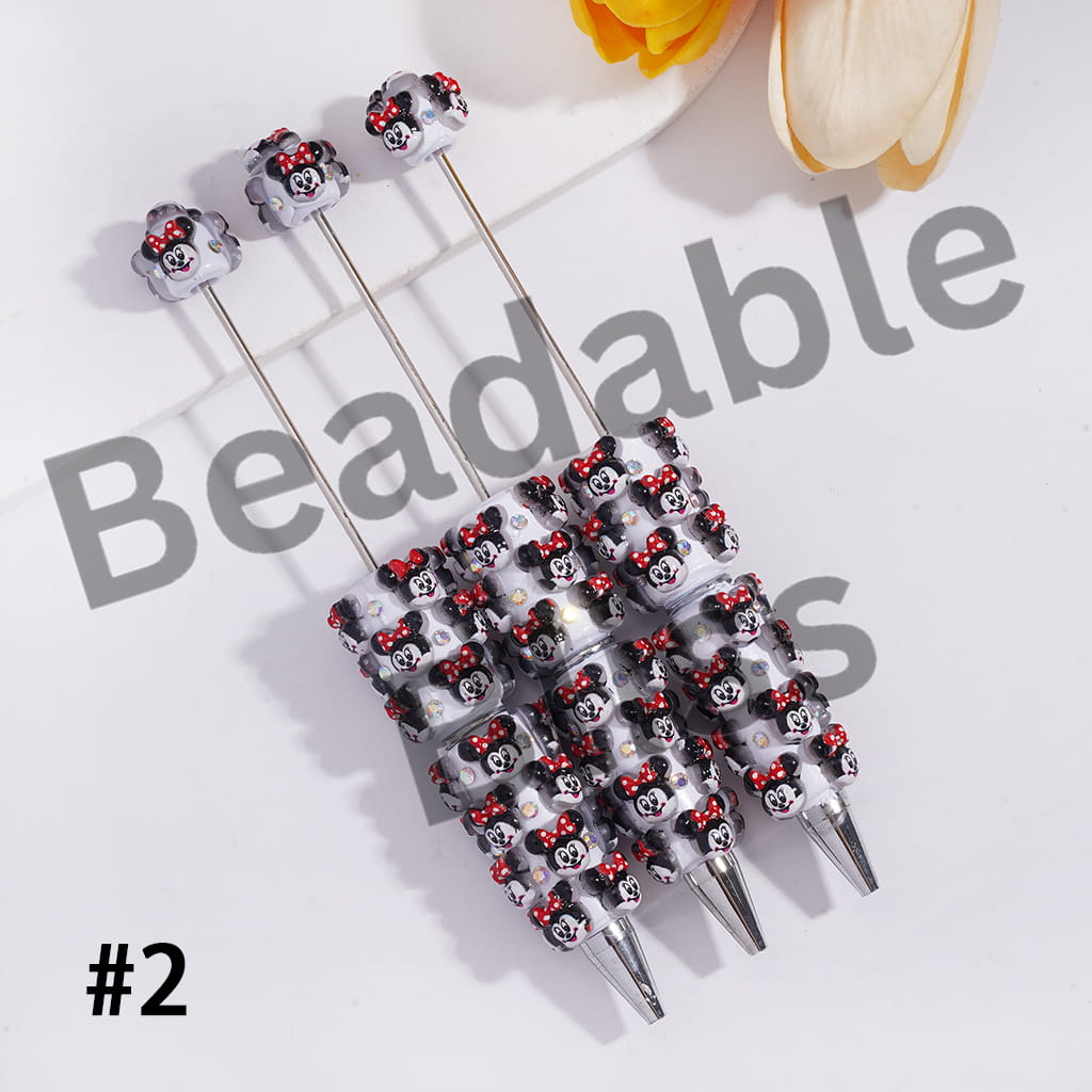 Beadable Clay Pens with Classic Animation Girl Mouse Character with Red Blue Bowtie on Head, AB Rhinestones