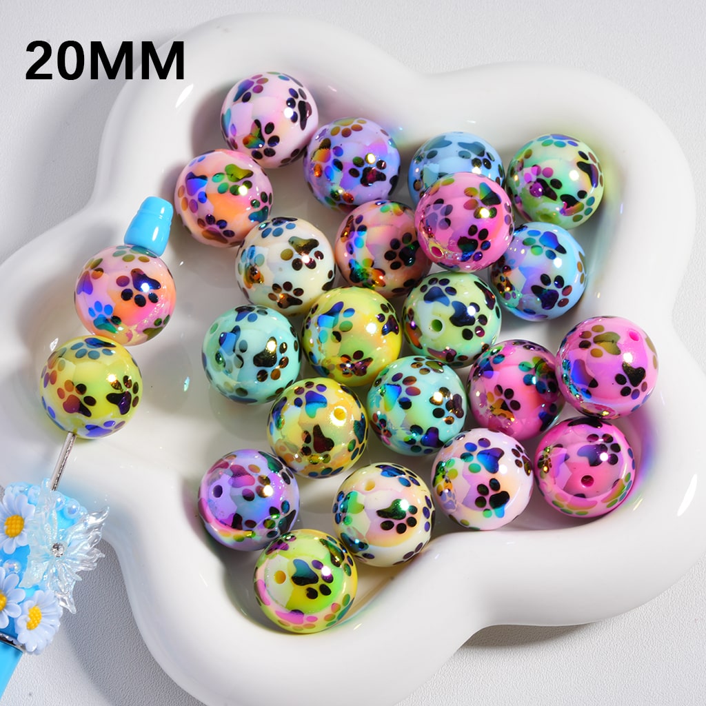 Acrylic Beads UV Coating Cute Paw Prints Multi- Color 20MM, Random Mix