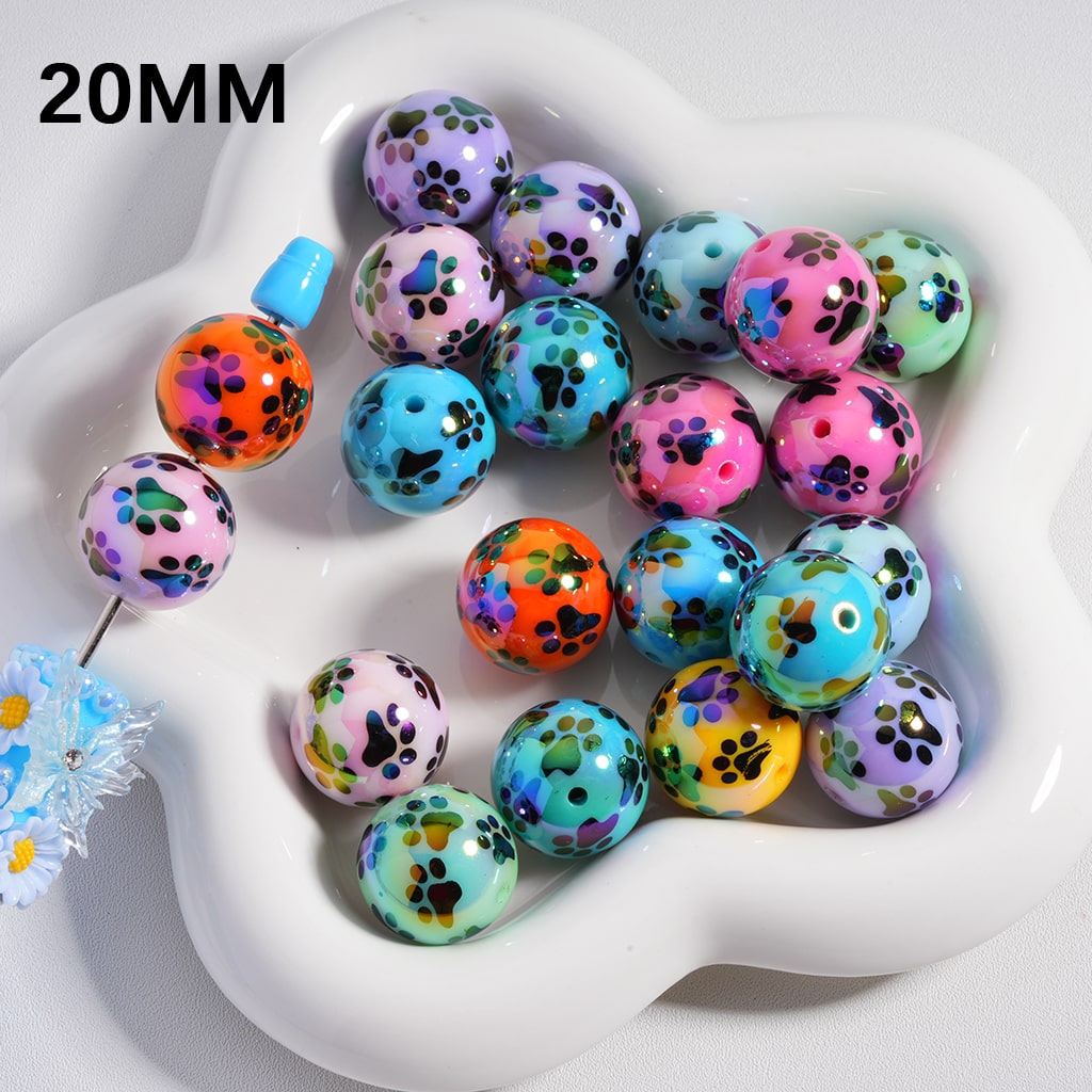 Acrylic Beads UV Coating Cute Paw Prints Multi- Color 20MM, Random Mix