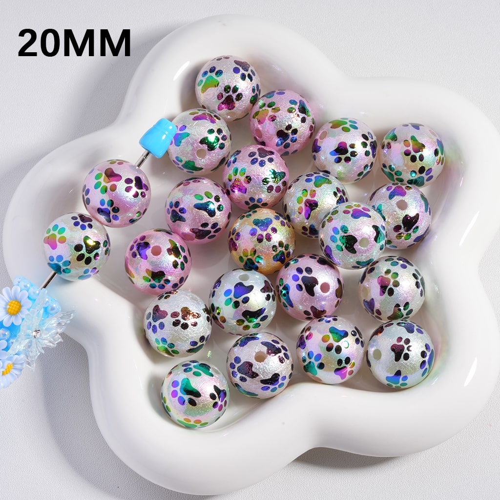 Acrylic Beads UV Coating Cute Paw Prints Multi- Color 20MM, Random Mix