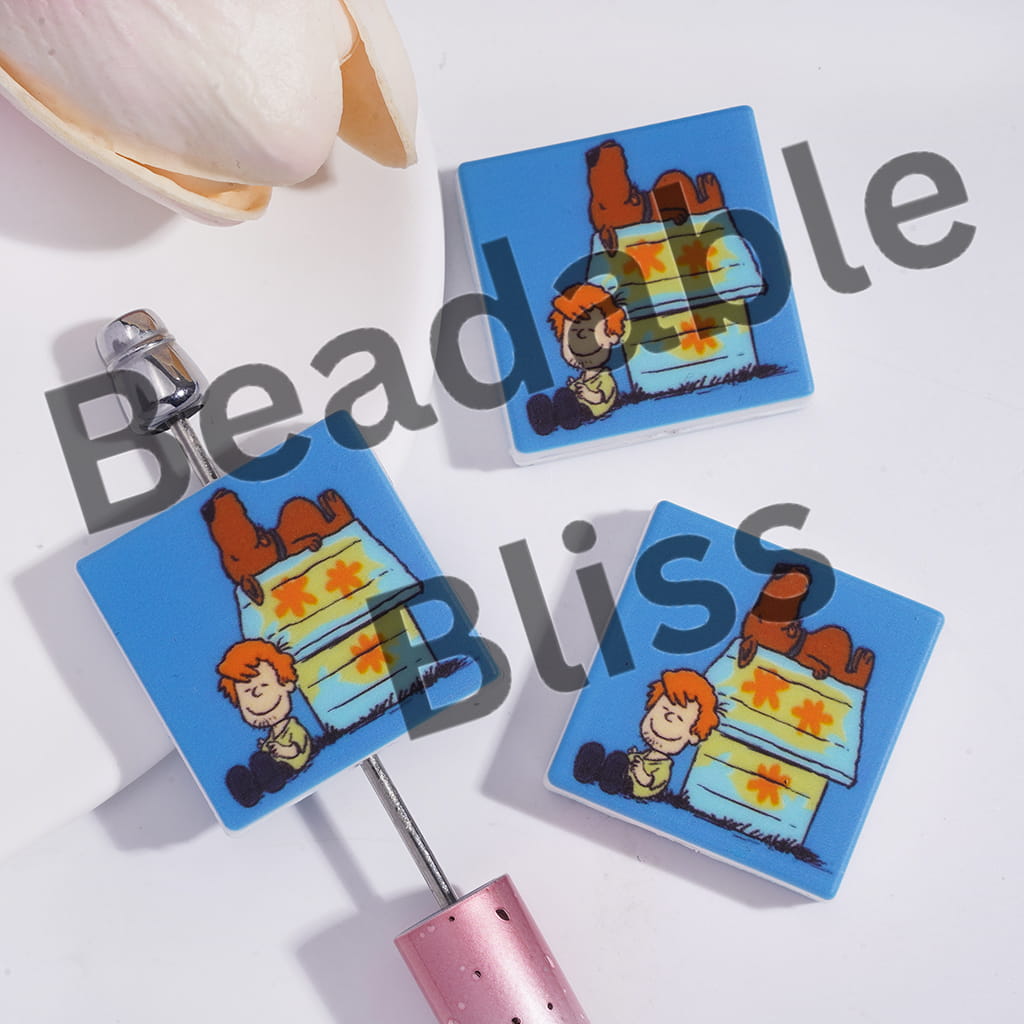 Silicone Focal Beads with Beagle Dog and Boy Character Patterns, Flat Square Shape