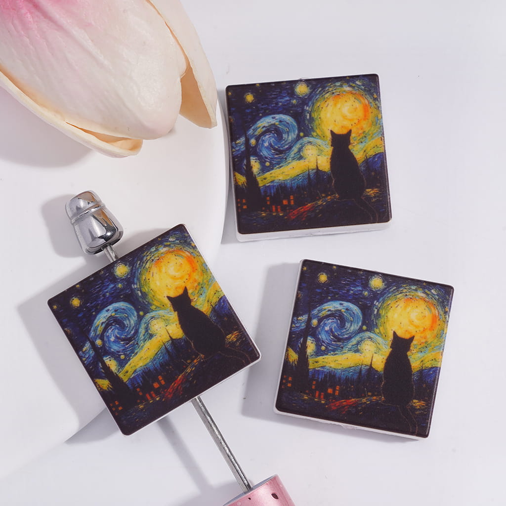 Silicone Focal Beads with Impressionist Painters Works Black Cat Under Star Night, Flat Square Shape