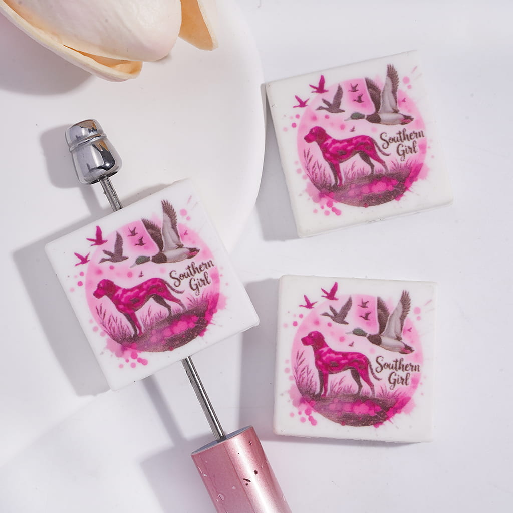 Silicone Focal Beads with Pink Dog and Swan Goose, Flat Square Shape