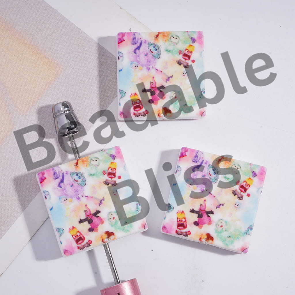 Silicone Focal Beads with Magic Hair Elf Series Pattern, Flat Square Shape