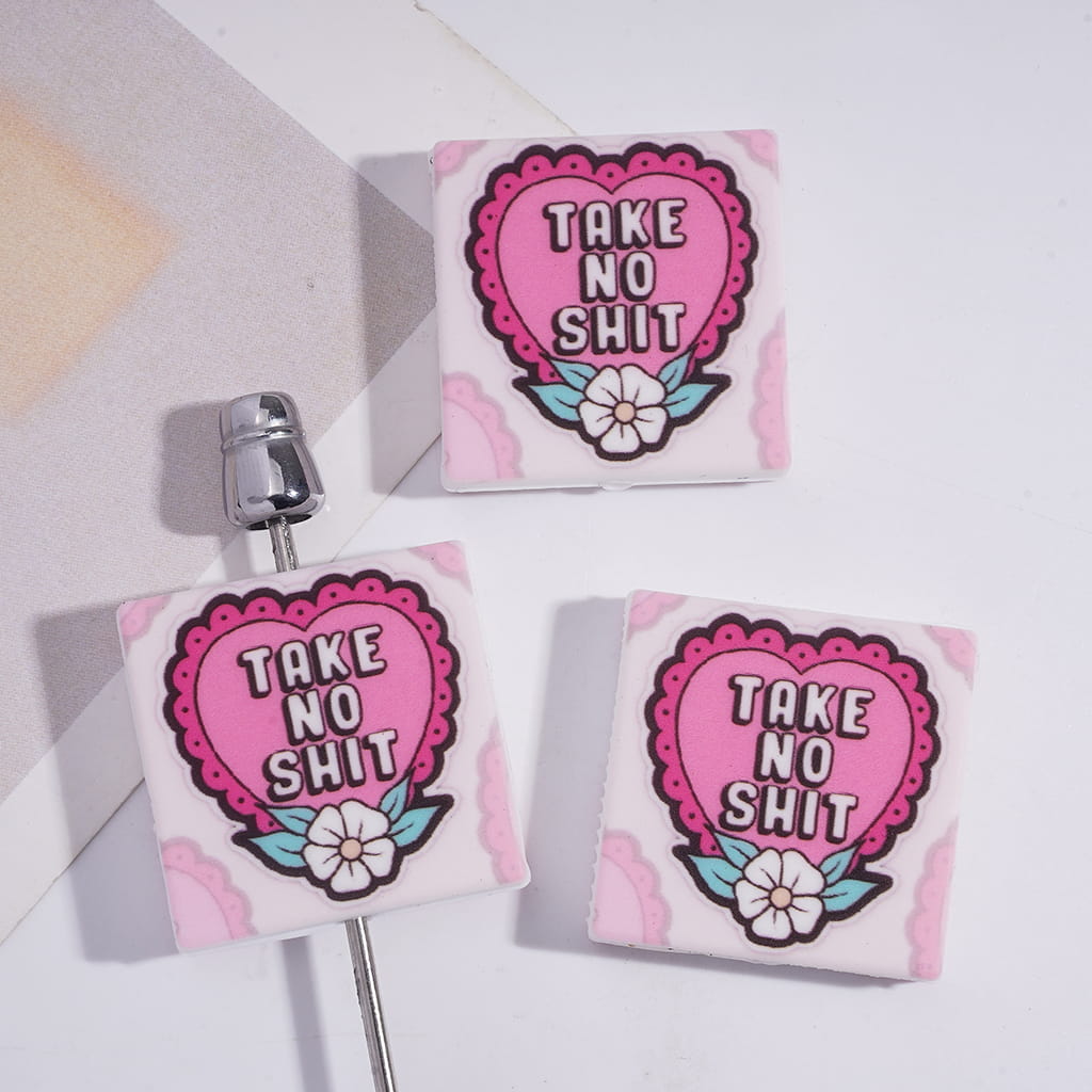 Silicone Focal Beads with Text "TAKE NO HUMOR" on Lace Heart, Flat Square Shape