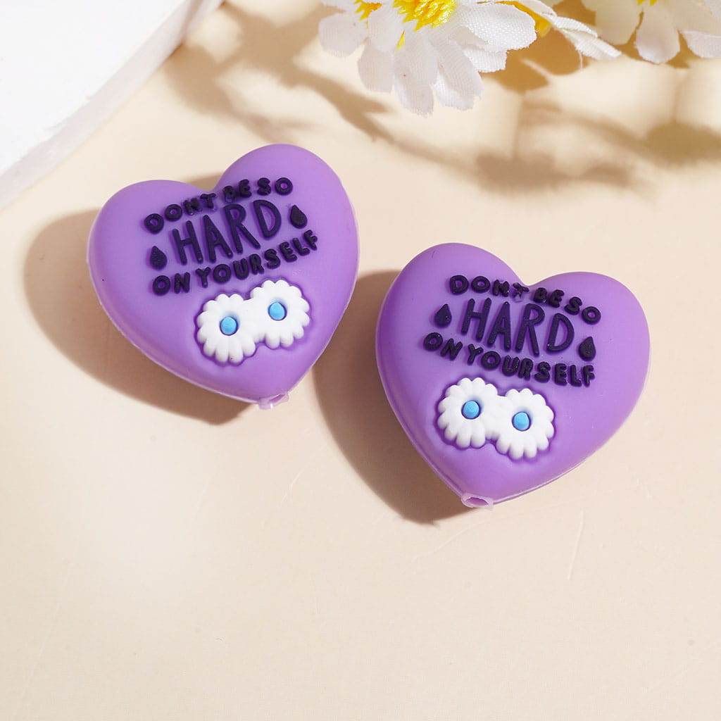 3D Heart Shape w White Daisy Flower & Text "Don't be so hard on yourself" Silicone Focal Beads, 23*14MM Multi Colors