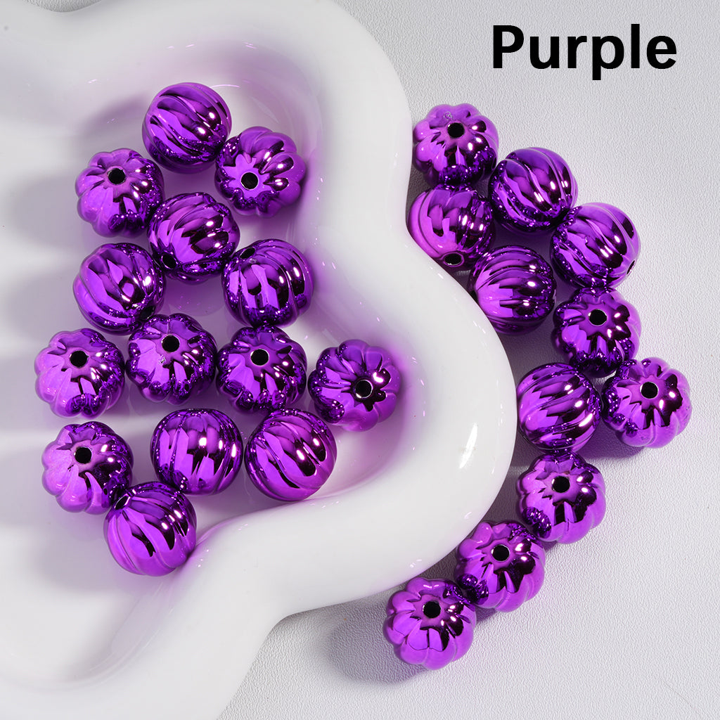 Acrylic Beads Halloween Pumpkin Stripes Shiny Metallic Colors 16MM