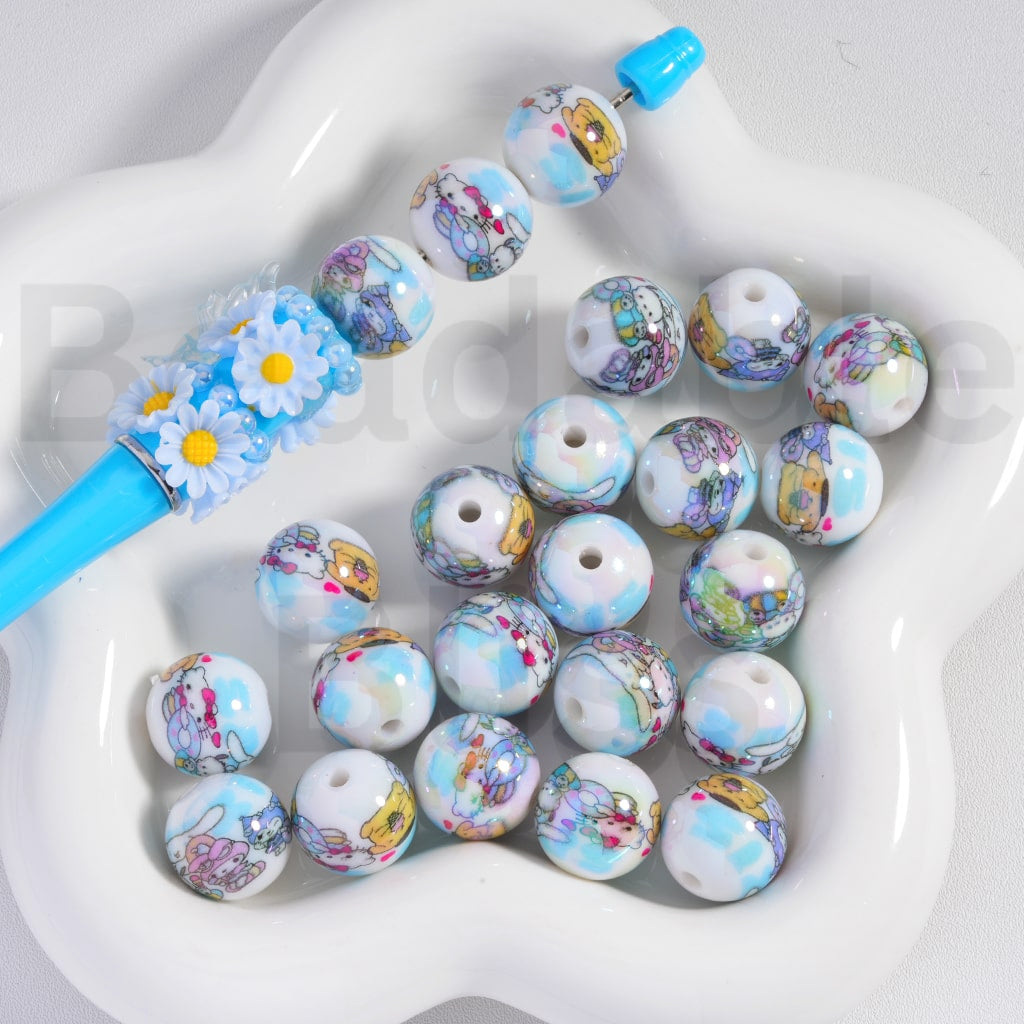 Acrylic Beads UV Coating Blue Series Cute Sanri Family Hello Kitt Pop Pom Puri Cinnamonrol Kurom My Melod Prints 16MM, Random Mix