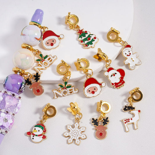 Gold Alloy Bail Beads with Butterfly Father Christmas Noel Snowflakes Snowman Elk Ginger Bread Hat Pendants, Random Mix