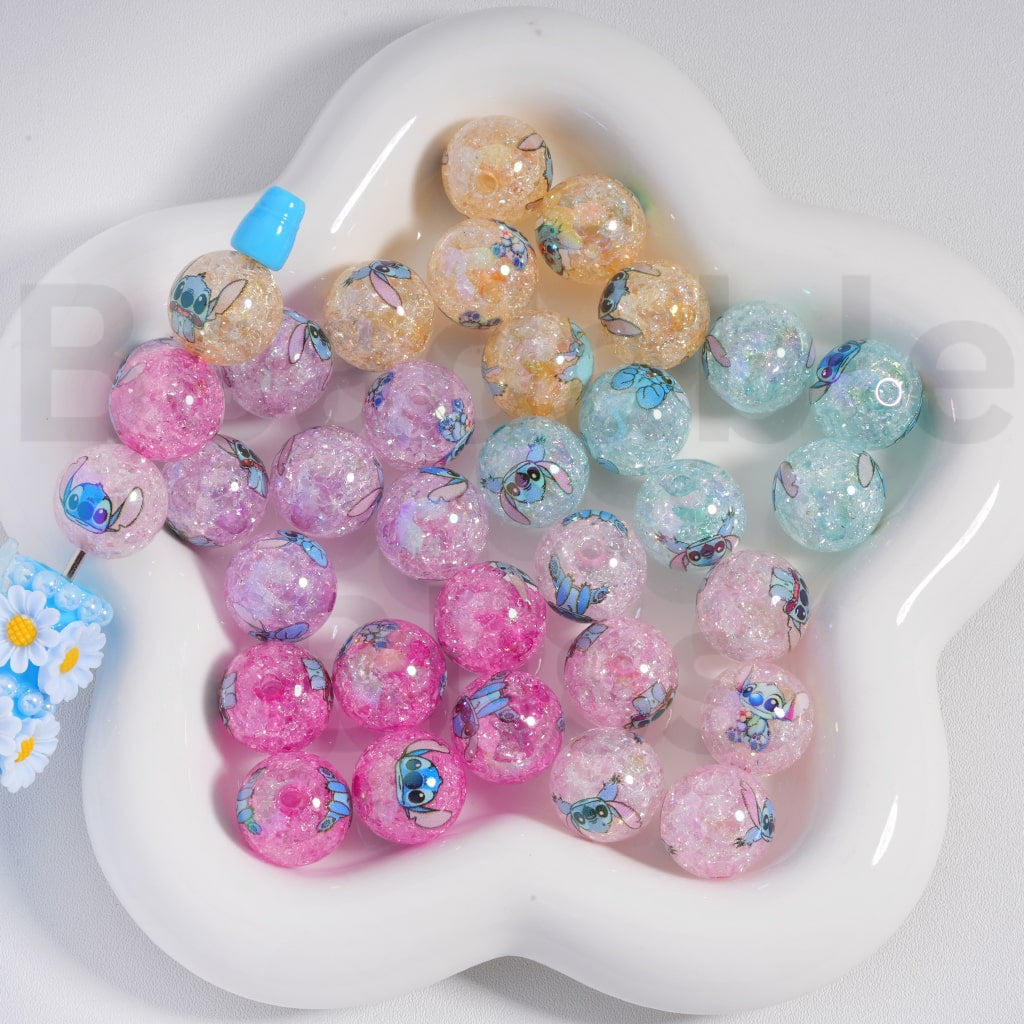 Acrylic Crackle Beads UV Coating Cute Stitc Prints Light Color 16MM, Random Mix