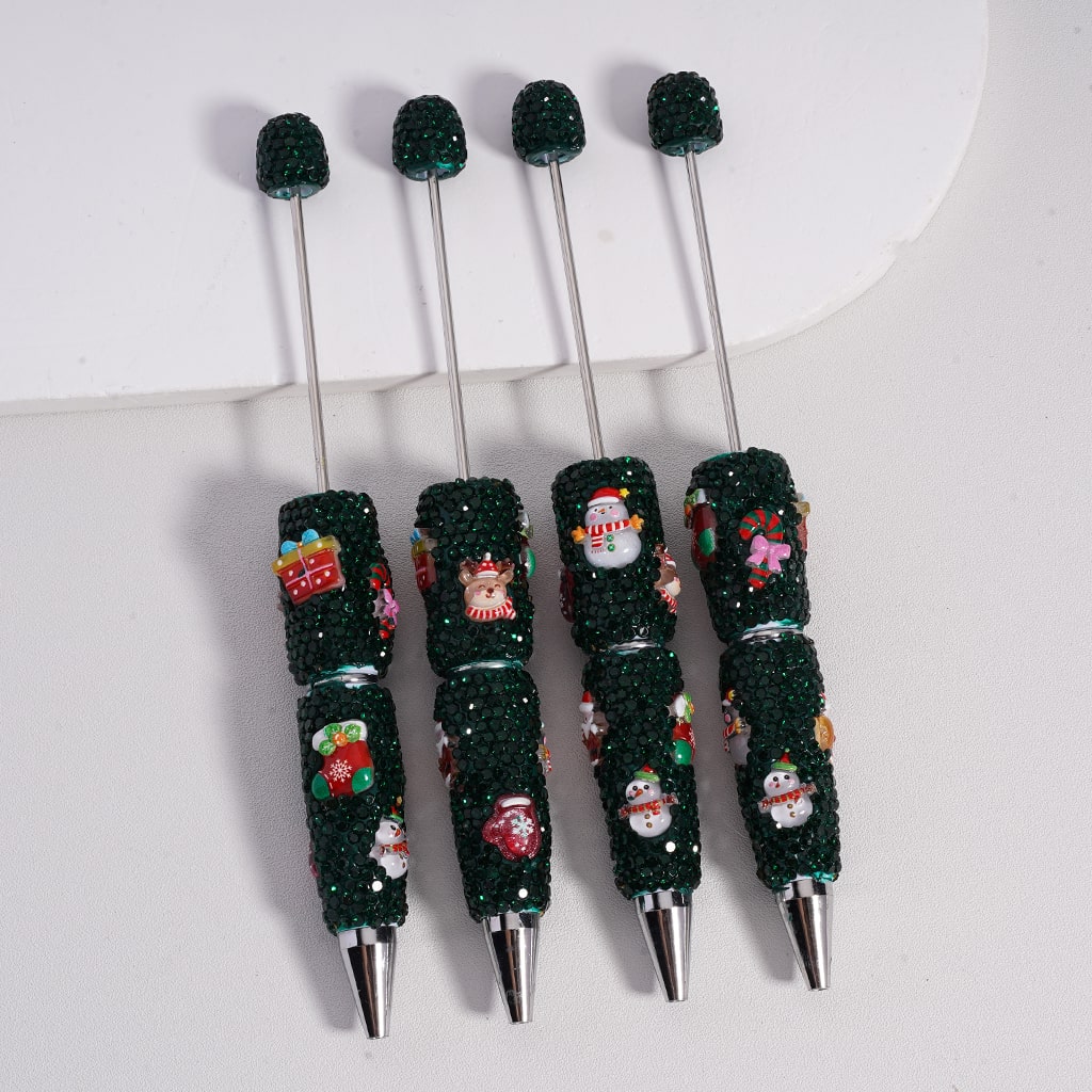 Beadable Clay Pens with Green Rhinestones Christmas Charms Snowman Candy Cane Socks Father Christmas Gift Elk Gloves