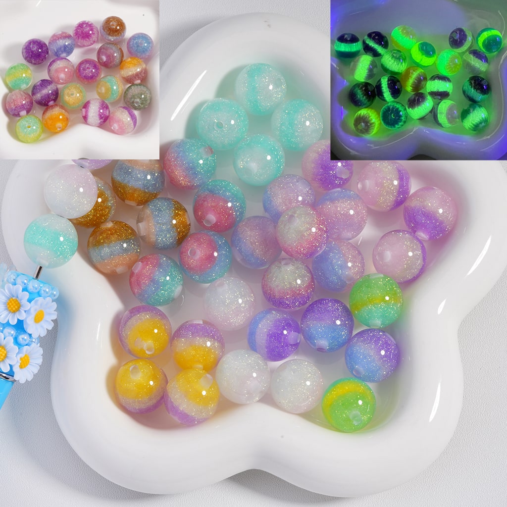 Acrylic Beads Luminous & Color Changing Shiny Glitter Inside Tricolor Stripes 16MM
