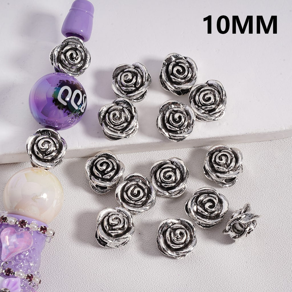 Jewelry Accessories Alloy Beads Silver Rose Flower 10MM