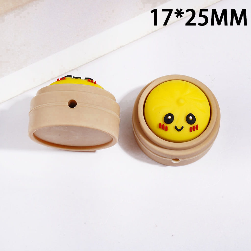 3D Shy Dumpling on Brown Steamer Basket Silicone Focal Beads, 17*25MM Multi Colors