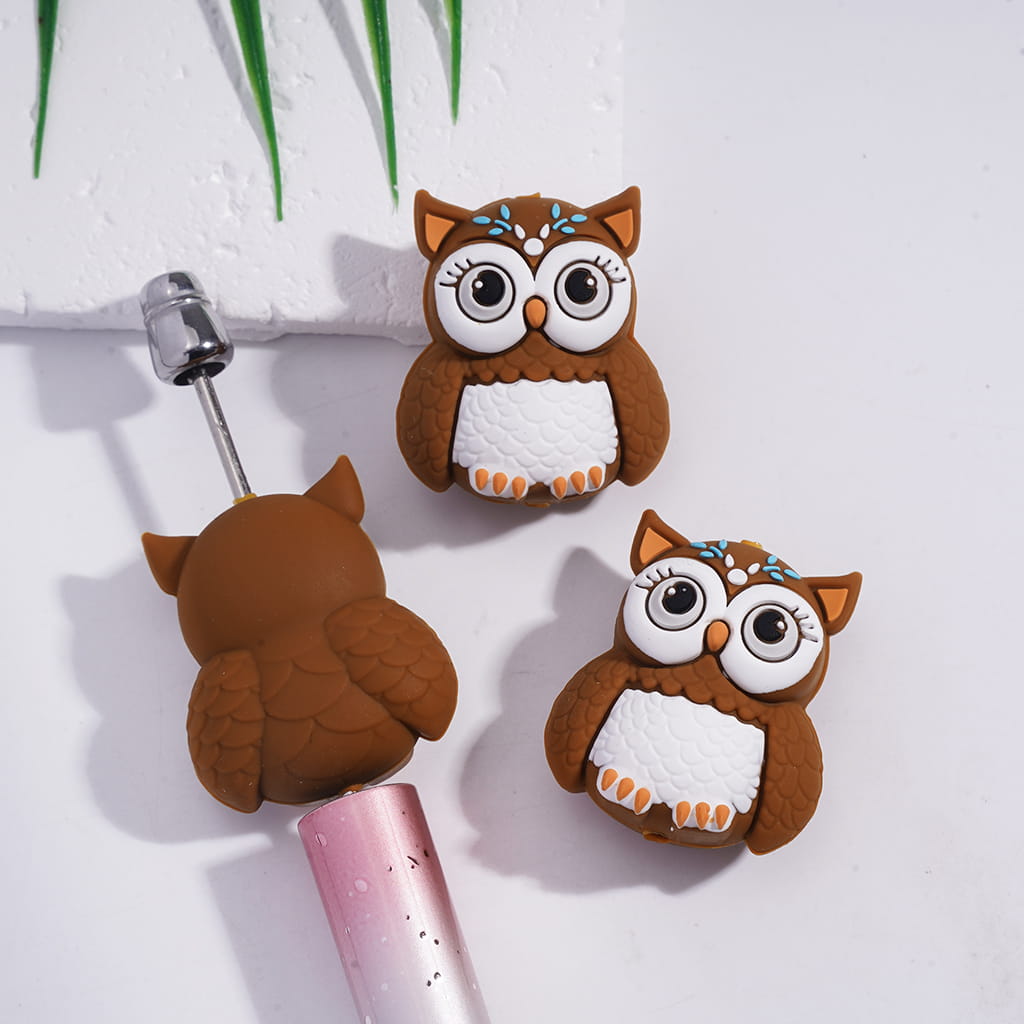 Silicone Focal Beads 3D Cute Big-Eye Owl, Pink and Brown