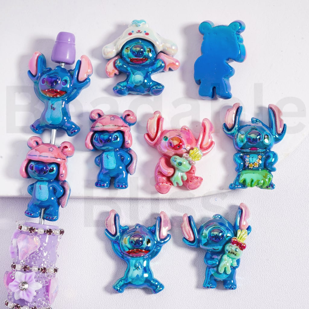 Acrylic Beads UV Coating Cute Blue & Pink Stitc Disne, Random Mix