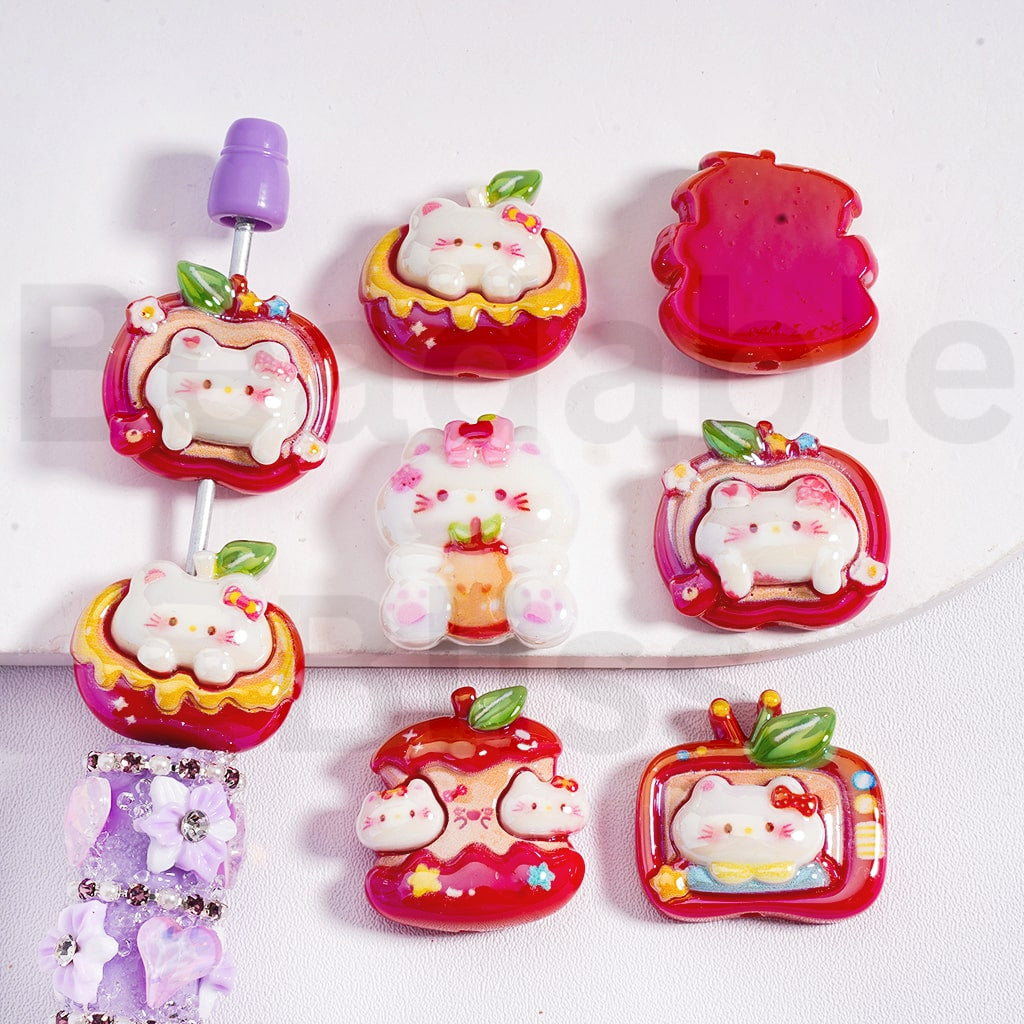 Acrylic Beads UV Coating Cute Hello Kitt Cat & Red Apples, Random Mix