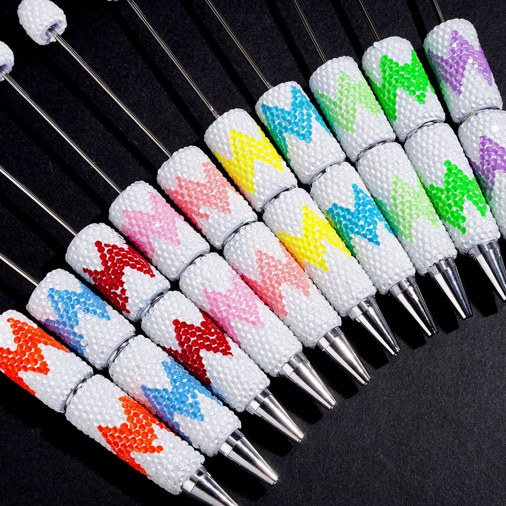 Beadable Clay Pens White Background w Rhinestones in Horizontal Wavy Shape, Various Colors Random Mix