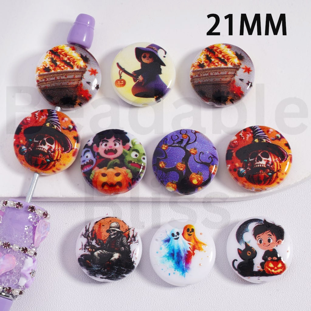 Round Flat Acrylic Beads Halloween Series Ghost Face Pumpkin Black Cat Wizard 21MM, Random Mix