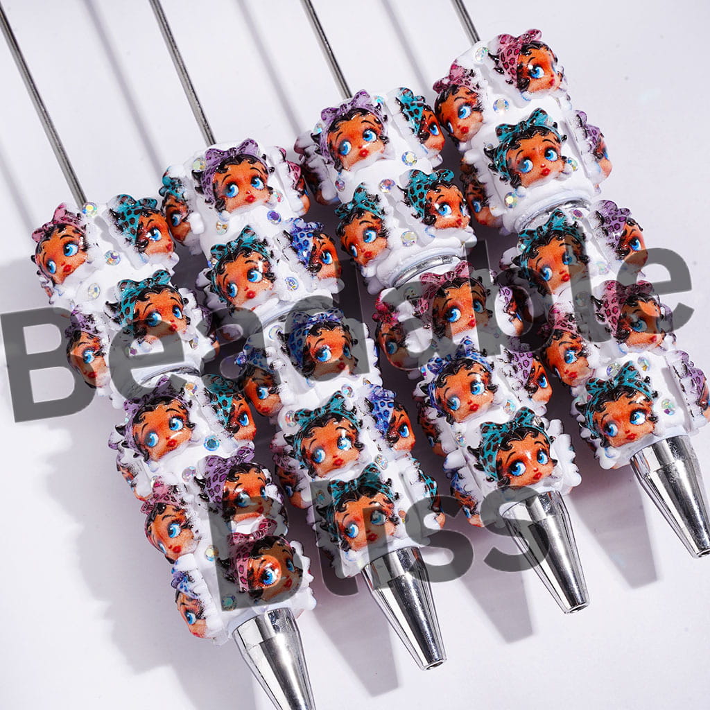 Beadable Clay Pens with Leopard-Patterned Hairband Old Girl Character and AB Rhinestones