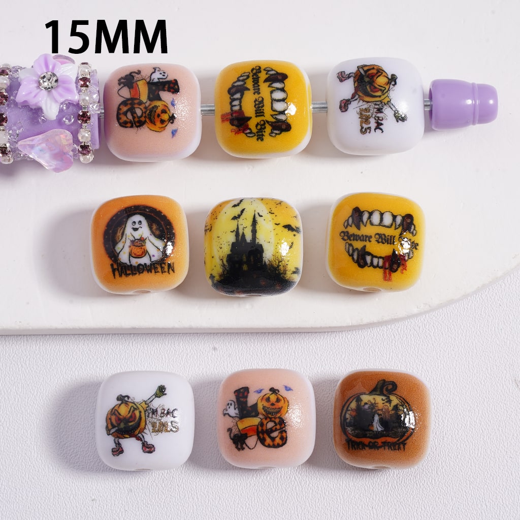 Flat Cube Square Acrylic Beads Halloween Series Ghost Pumpkin 15MM, Random Mix