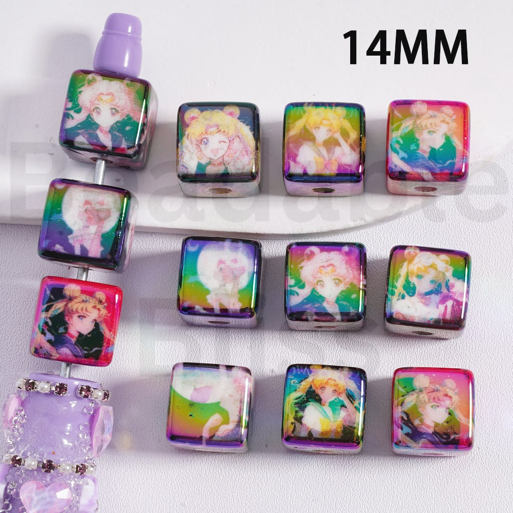 Cube Square Acrylic Beads UV Coating Cute Girl Sailor Moo Japan Anime 14MM, Random Mix