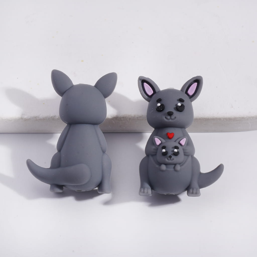 Silicone Focal Beads 3D Kangaroo Mom Holding Baby in Various Colors