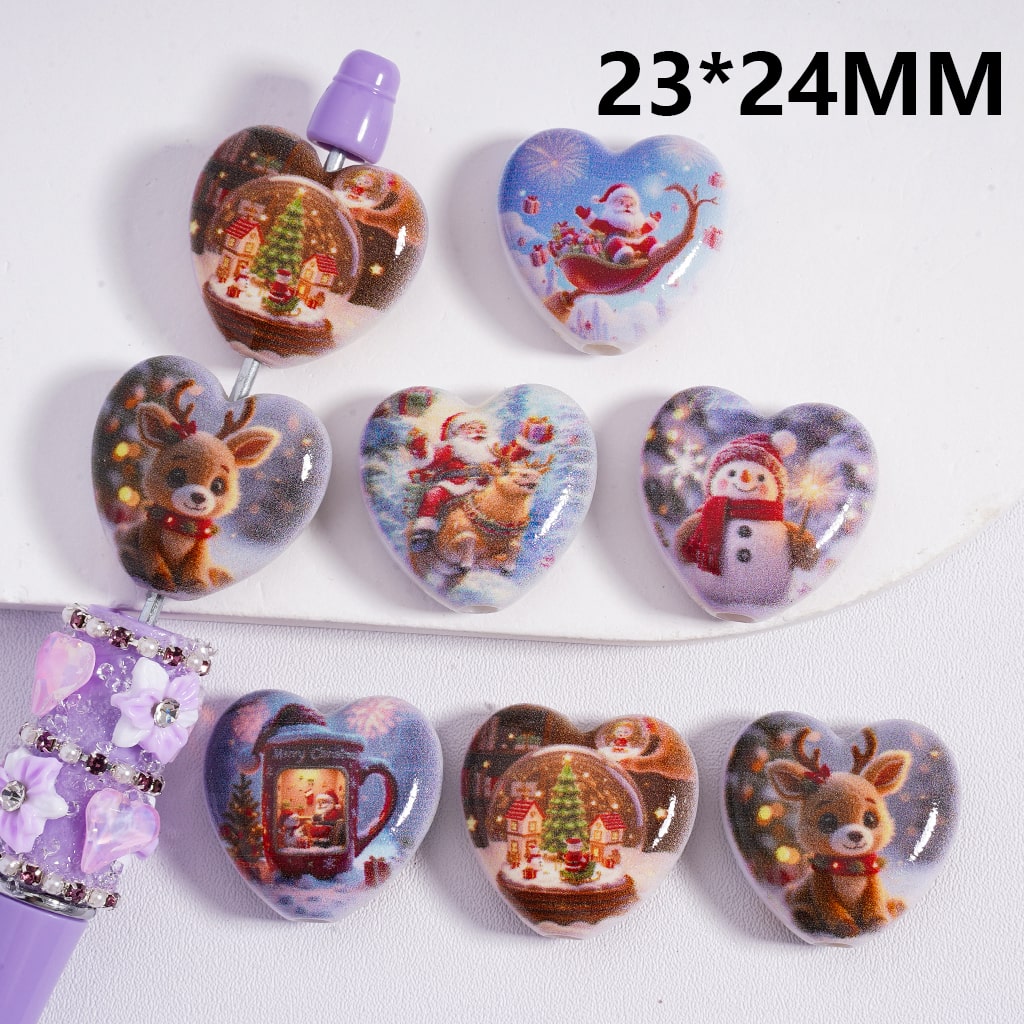 Flat Acrylic Beads Heart Shape Christmas Series Father Christmas Elk Snowman 23*24MM, Random Mix