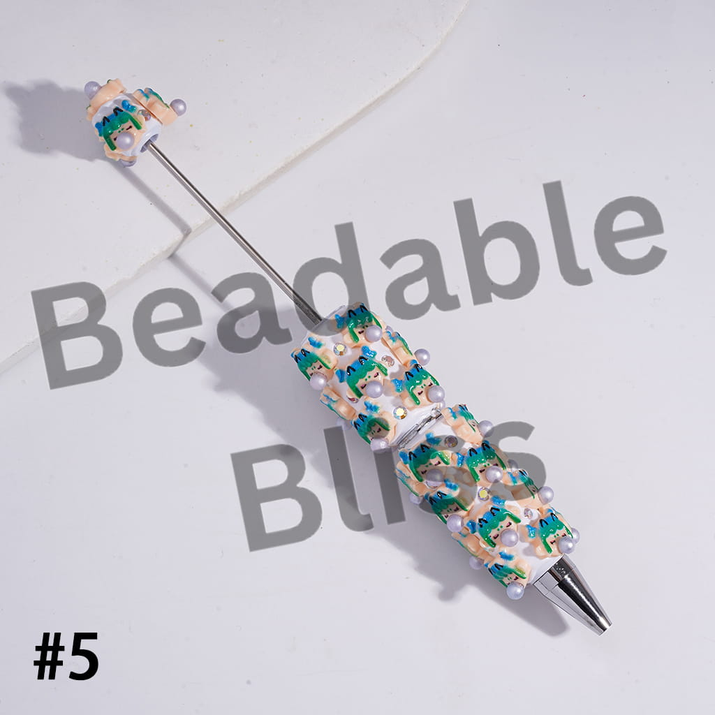 Beadable Clay Pens with Baby Girl Face Blowing Silver Bubble and AB Rhinestones in Various Style