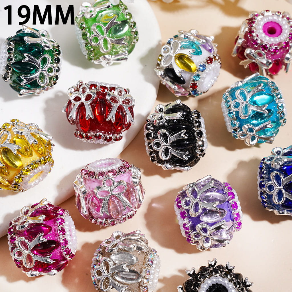 Handmade Acrylic Beads w Marquise Cut Rhinestones & Alloy Bowknot, Rhinestone & White Pearl Chains, 19MM Multi-Colors Random Mix