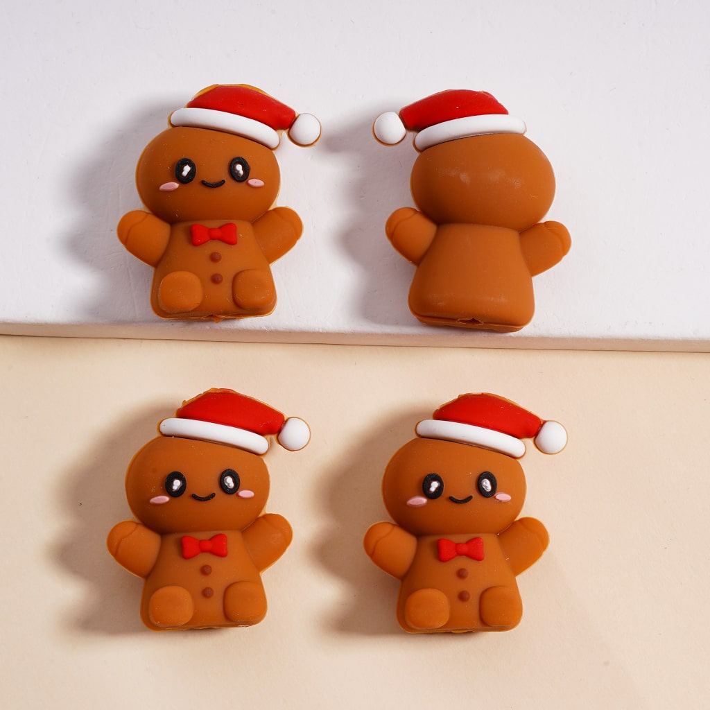 Silicone Focal Beads 3D Cute Ginger Bread with Christmas Hat Bowtie White & Brown