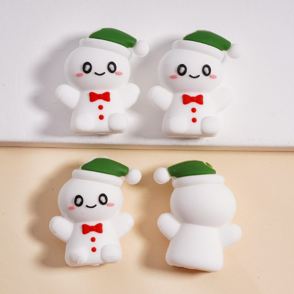 Silicone Focal Beads 3D Cute Ginger Bread with Christmas Hat Bowtie White & Brown
