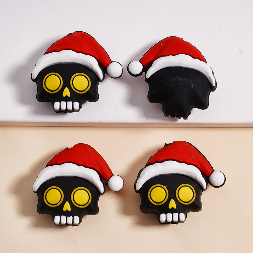 Silicone Focal Beads 3D Horror Skeleton Skull Head with Red Christmas Hat Light Gray & Black