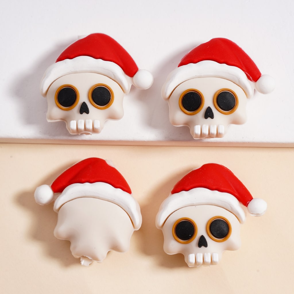 Silicone Focal Beads 3D Horror Skeleton Skull Head with Red Christmas Hat Light Gray & Black