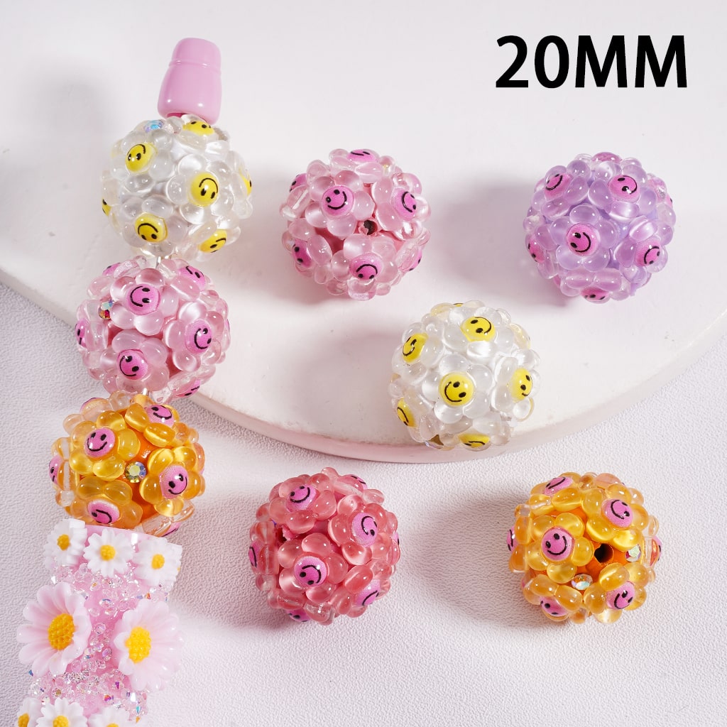 Clay Beads Clear Cute Smile Face Flowers AB Rhinestones Multi-Color 20MM, Random Mix