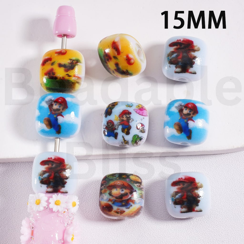 Flat Cube Square Acrylic Beads Cute Super Mari Series 15MM, Random Mix
