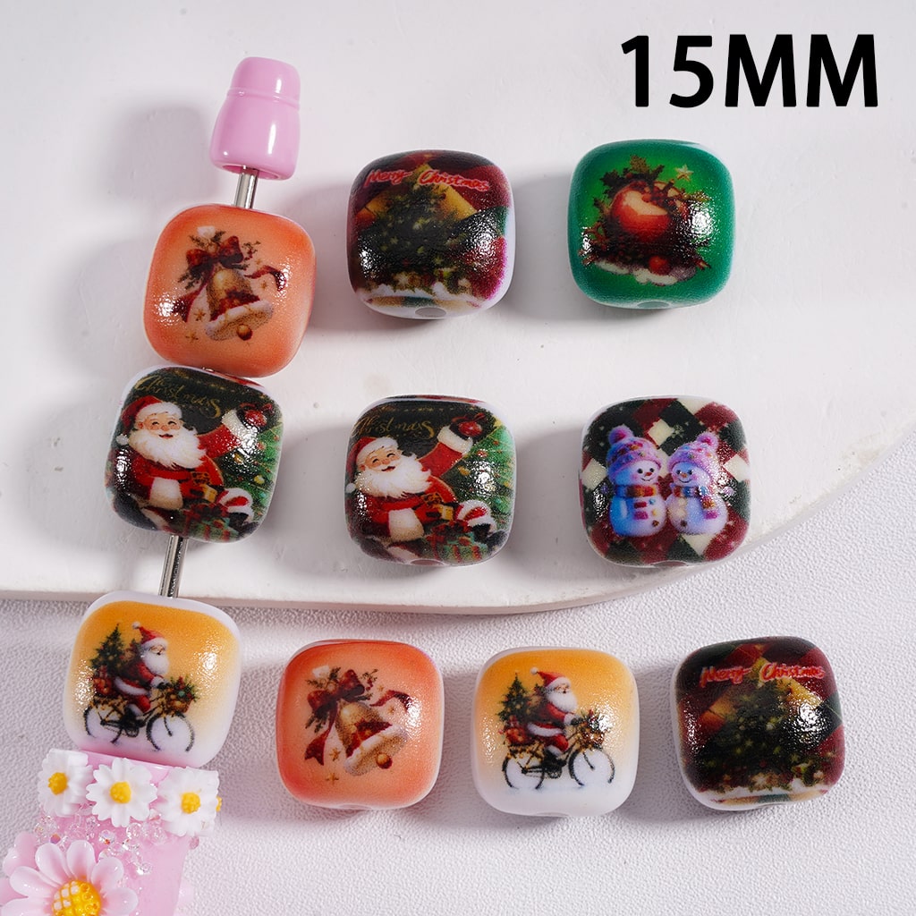 Flat Cube Square Acrylic Beads Christmas Series 15MM, Random Mix