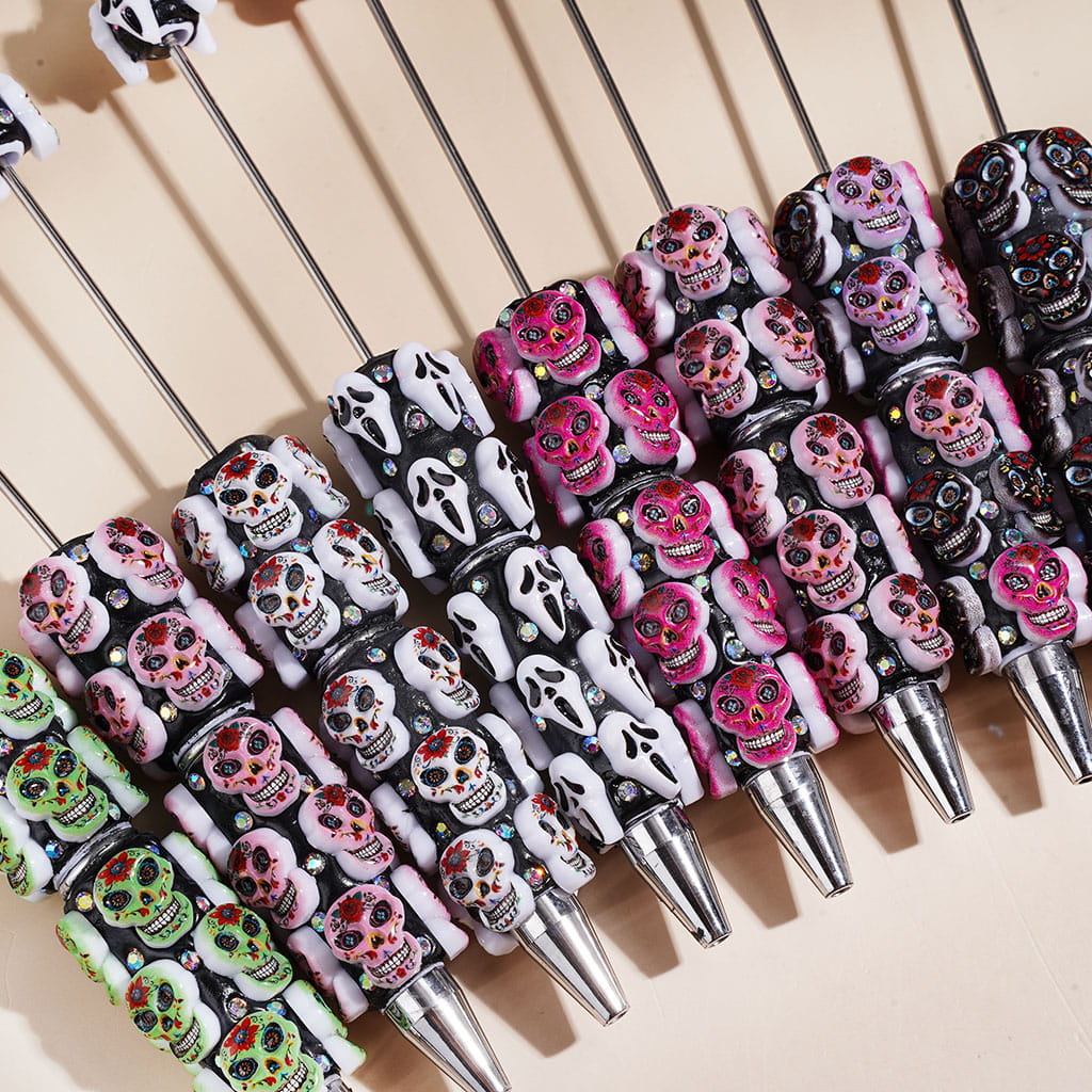 Beadable Clay Pens with Skull Skeleton Heads and AB Rhinestones, Multi-Color Random Mix