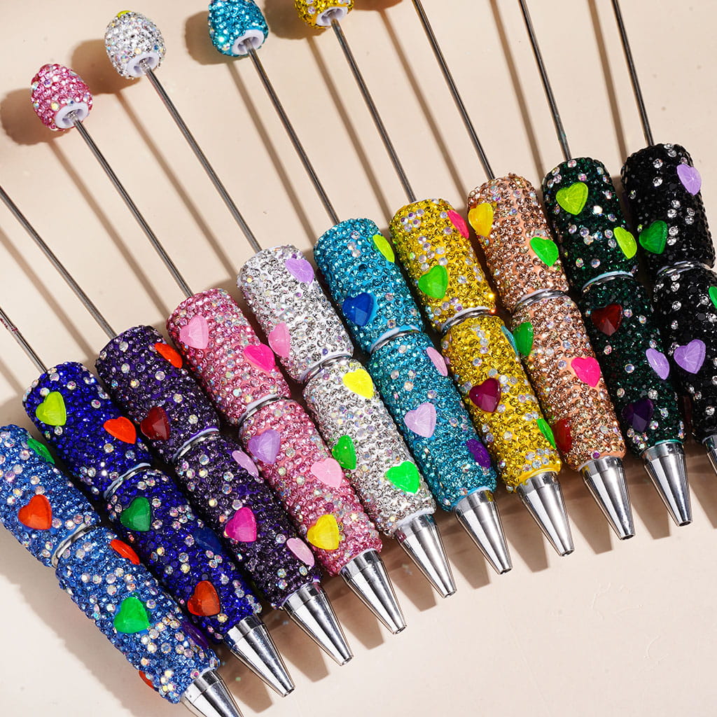 Beadable Clay Pens with Bling Bling Hearts and AB Rhinestones, Multi-Color Random Mix