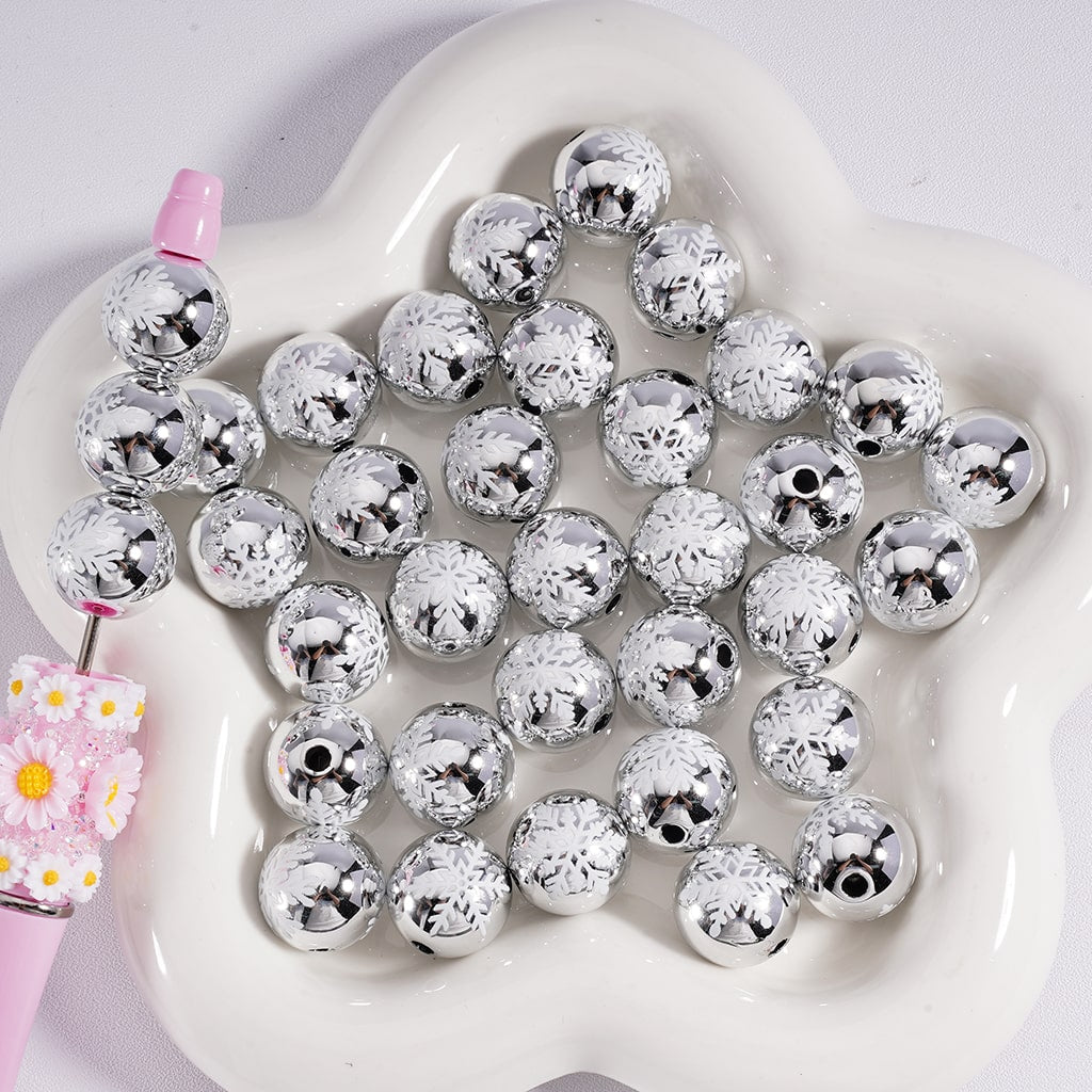 Acrylic Beads Christmas Snowflakes Prints Metallic White Colors 16MM