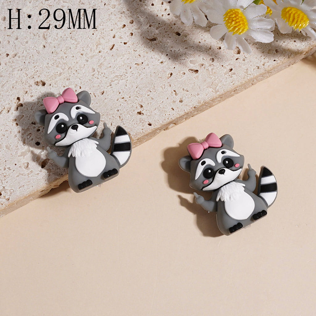 3D Roccoon with Pink Bow and Humor Gesture Silicone Focal Beads Height 29MM