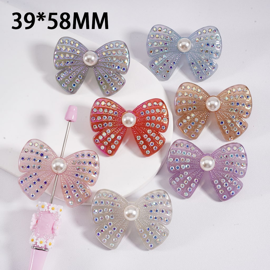 Acrylic Beads UV Coating Cute Bow with AB Rhinestones White Pearls 39*58MM, Random Mix